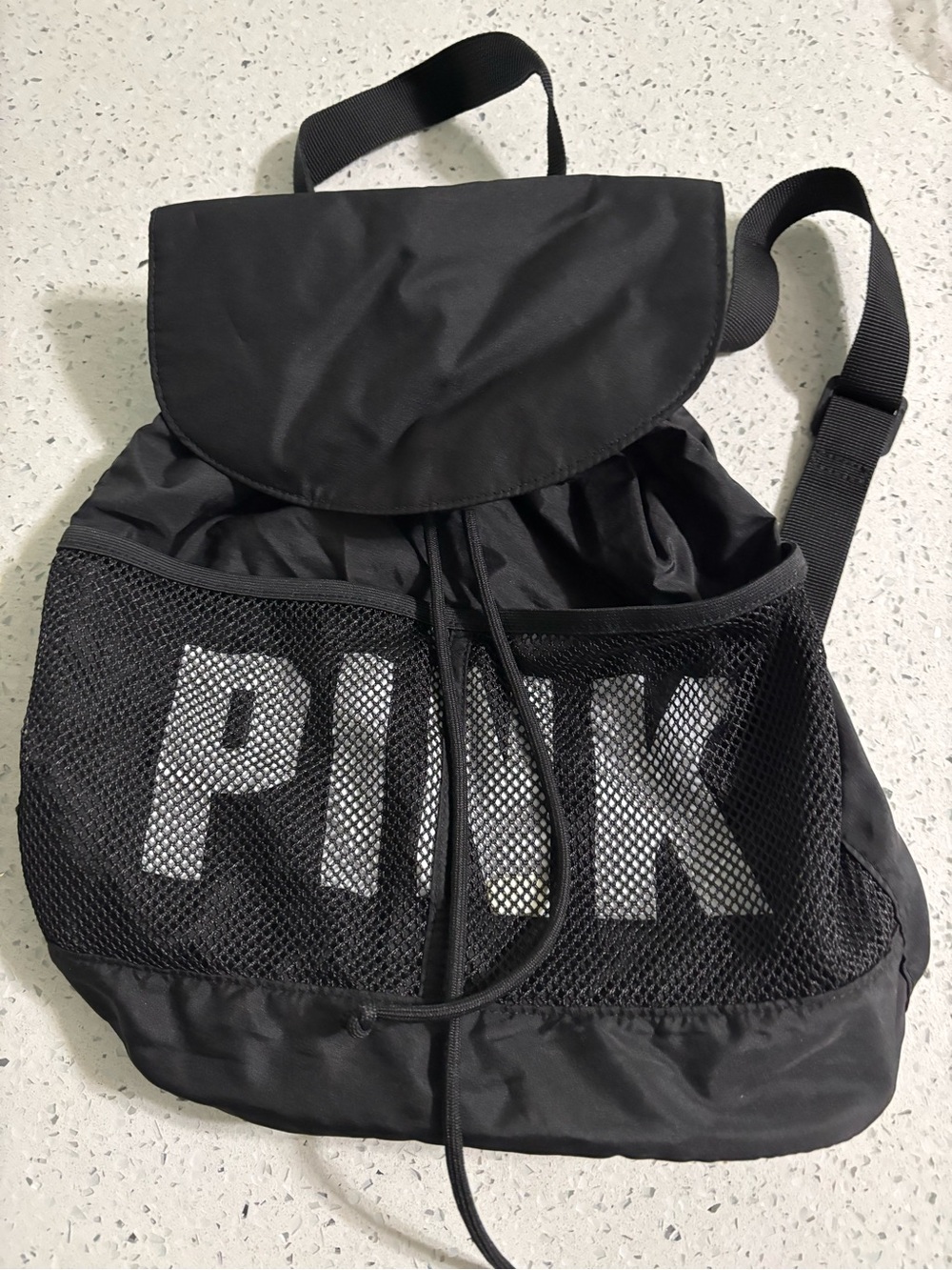 PINK Black Mesh Drawstring Backpack New - Picture 2 of 3